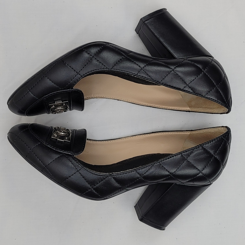 Chanel CC Black Quilted Leather Block Heels Pumps Size 38 - Picture 6 of 9